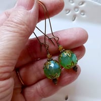 Image 2 of Bohemian Czech Glass Long Dangle Earrings in Green & Bronze