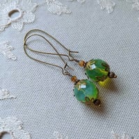 Image 3 of Bohemian Czech Glass Long Dangle Earrings in Green & Bronze
