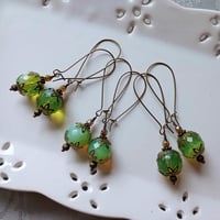 Image 10 of Bohemian Czech Glass Long Dangle Earrings in Green & Bronze