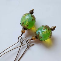 Image 9 of Bohemian Czech Glass Long Dangle Earrings in Green & Bronze