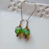 Image 1 of Bohemian Czech Glass Long Dangle Earrings in Green & Bronze