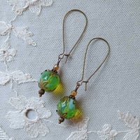 Image 8 of Bohemian Czech Glass Long Dangle Earrings in Green & Bronze