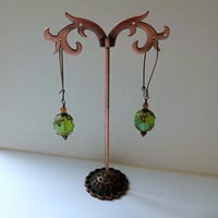 Image 5 of Bohemian Czech Glass Long Dangle Earrings in Green & Bronze