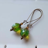 Image 6 of Bohemian Czech Glass Long Dangle Earrings in Green & Bronze