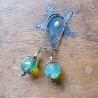 Image 4 of Bohemian Czech Glass Long Dangle Earrings in Green & Bronze