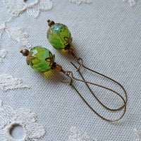 Image 7 of Bohemian Czech Glass Long Dangle Earrings in Green & Bronze