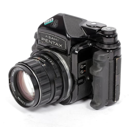 Image of Pentax 6X7 MLU camera with metered prism and SMC 105mm F2.4 lens + grips #0329