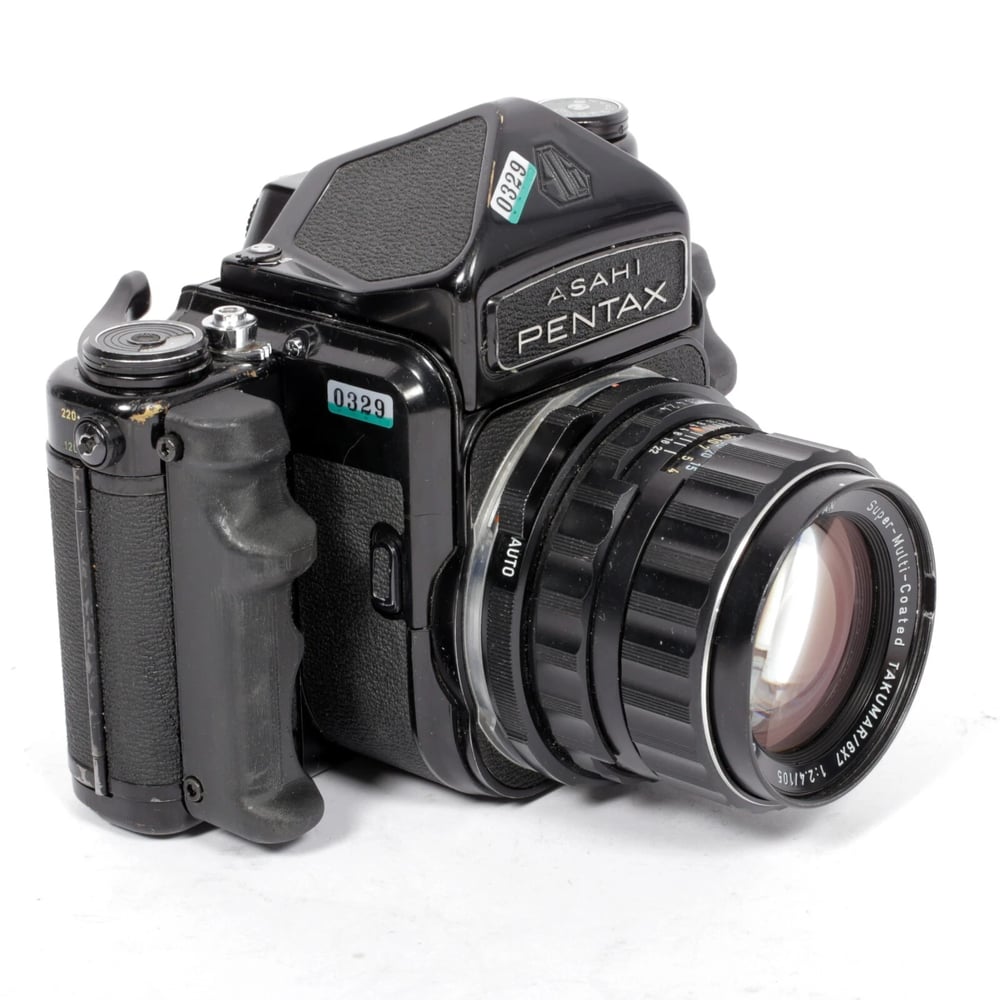 Image of Pentax 6X7 MLU camera with metered prism and SMC 105mm F2.4 lens + grips #0329