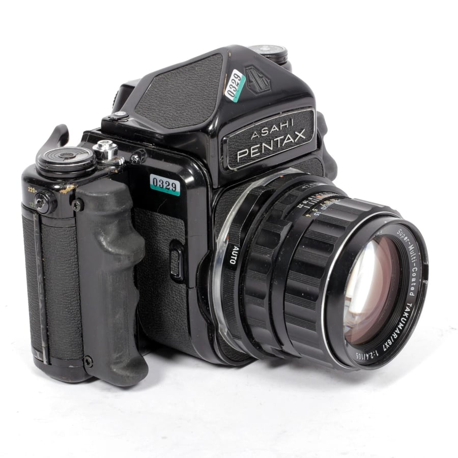 Image of Pentax 6X7 MLU camera with metered prism and SMC 105mm F2.4 lens + grips #0329