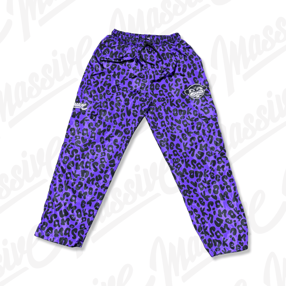 “Letter’d Print” Windbreaker Pants – Purple/Black (Relaxed Fit)