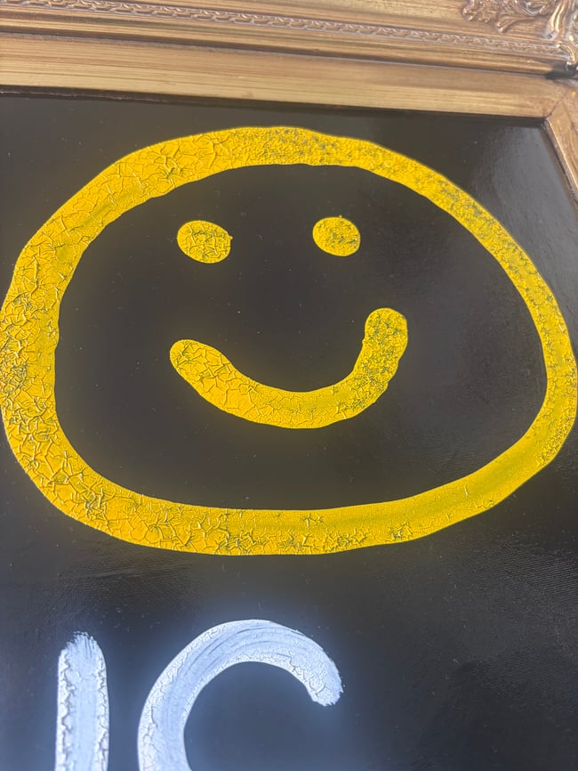 She’s Always Smiling • Upcycled Art with Fancy Frame • 29” x 25”