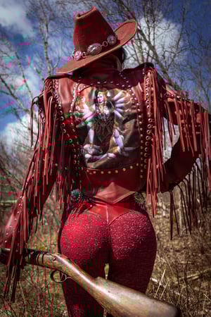 Image of Toxic Vision 'She' burgundy leather fringe jacket CUSTOM SIZE