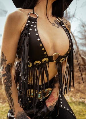 Image of Toxic Vision Cowgirls from Hell black fringe top CUSTOM SIZING