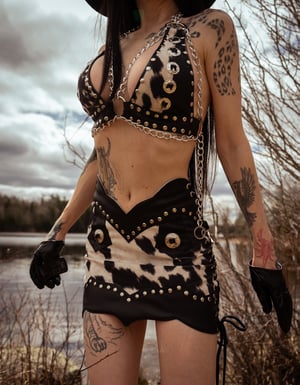 Image of Toxic Vision Cowgirls from Hell cow print switchblade top CUSTOM SIZING
