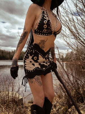 Image of Toxic Vision Cowgirls from Hell cow print switchblade top CUSTOM SIZING