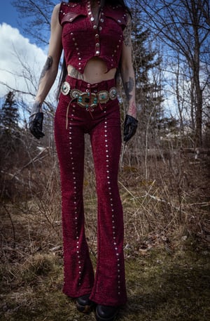 Image of Toxic Vision Cowgirls from Hell burgundy flare pants CUSTOM SIZING