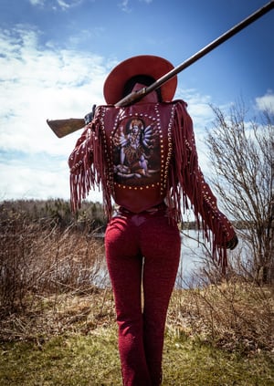 Image of Toxic Vision Cowgirls from Hell burgundy flare pants CUSTOM SIZING