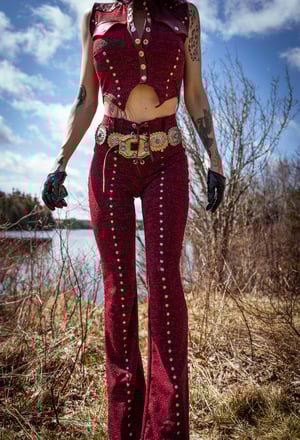 Image of Toxic Vision Cowgirls from Hell burgundy flare pants CUSTOM SIZING