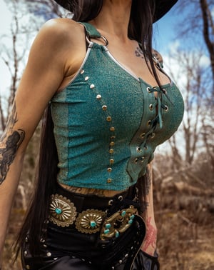 Image of Toxic Vision Cowgirls from Hell turquoise bustier top ONE OF A KIND