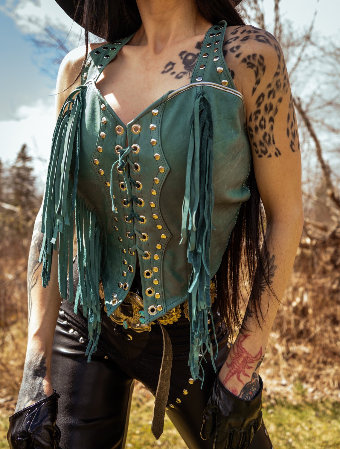 Image of Toxic Vision Cowgirls from Hell turquoise leather fringe top ONE OF A KIND