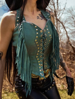 Image of Toxic Vision Cowgirls from Hell turquoise leather fringe top ONE OF A KIND