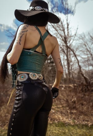 Image of Toxic Vision Cowgirls from Hell turquoise leather fringe top ONE OF A KIND