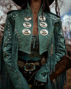 Image of Toxic Vision Cowgirls from Hell turquoise fringe jacket ONE OF A KIND M/L