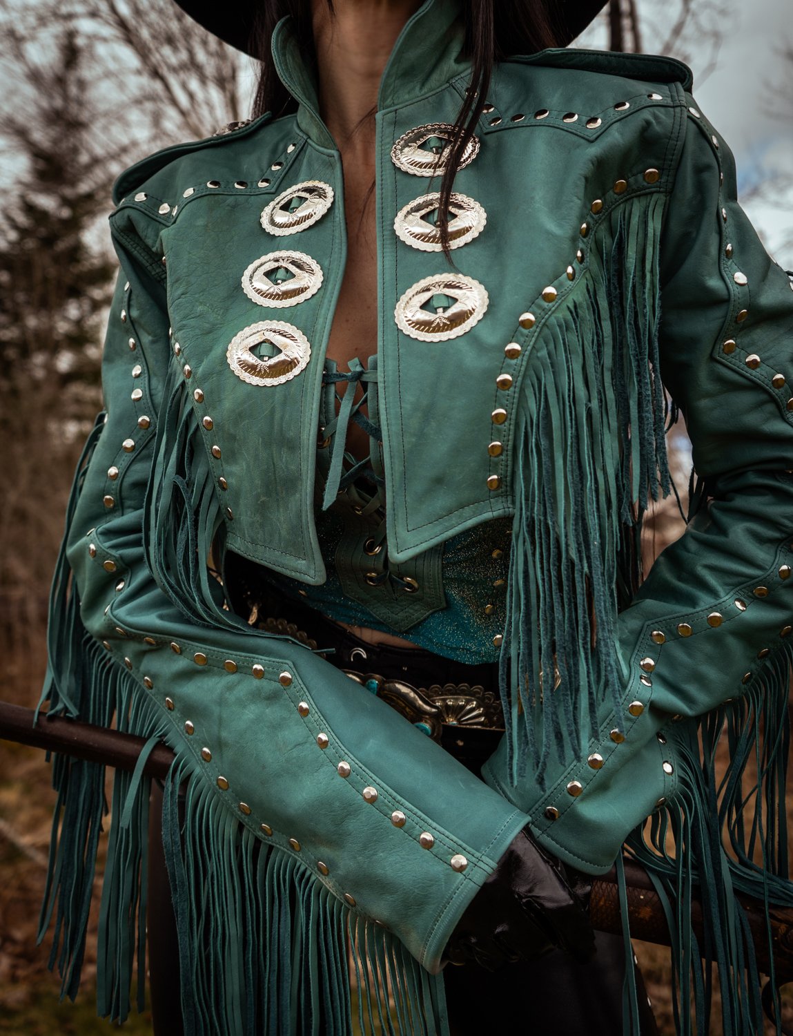Image of Toxic Vision Cowgirls from Hell turquoise fringe jacket ONE OF A KIND M/L