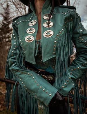 Image of Toxic Vision Cowgirls from Hell turquoise fringe jacket ONE OF A KIND M/L