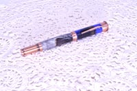 Image 2 of Blue 12 Gauge Shotgun Shell Rollerball Pen with Turkey Feathers, Antique Copper Finish, #0309