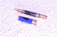 Image 9 of Blue 12 Gauge Shotgun Shell Rollerball Pen with Turkey Feathers, Antique Copper Finish, #0309