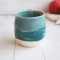 Image 4 of Turquoise and White Mug with Dripping Glazes, 16 Ounce Handcrafted Coffee Cup, Made in USA