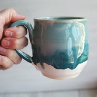 Image 8 of Turquoise and White Mug with Dripping Glazes, 16 Ounce Handcrafted Coffee Cup, Made in USA