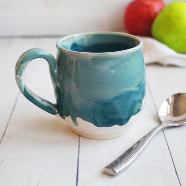 Image of Turquoise and White Mug with Dripping Glazes, 16 Ounce Handcrafted Coffee Cup, Made in USA