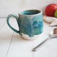 Image 1 of Turquoise and White Mug with Dripping Glazes, 16 Ounce Handcrafted Coffee Cup, Made in USA - B