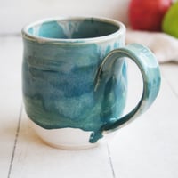 Image 6 of Turquoise and White Mug with Dripping Glazes, 16 Ounce Handcrafted Coffee Cup, Made in USA - B