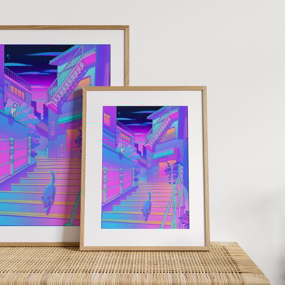Image of Nightfall in Nekocity - HOLOGRAPHIC PRINT - Available in two sizes