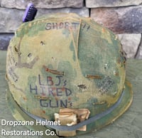 Image 7 of Vietnam M-1 Helmet & 1966 Liner Mitchell Camo Cover. The Fink in Nam 1957 Sweatband.