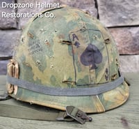 Image 5 of Vietnam M-1 Helmet & 1966 Liner Mitchell Camo Cover. The Fink in Nam 1957 Sweatband.