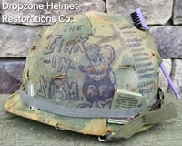 Image 2 of Vietnam M-1 Helmet & 1966 Liner Mitchell Camo Cover. The Fink in Nam 1957 Sweatband.