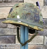 Image 1 of Vietnam M-1 Helmet & 1966 Liner Mitchell Camo Cover. The Fink in Nam 1957 Sweatband.