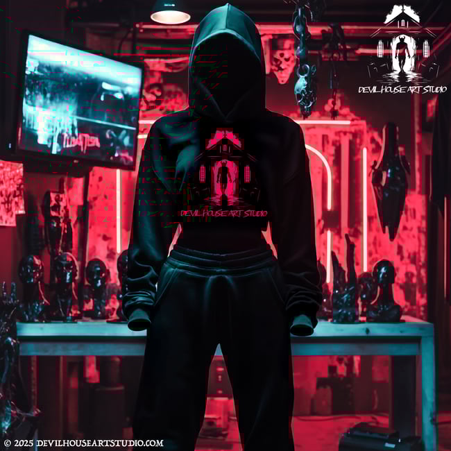 BLACK DEVIL HOUSE ART STUDIO - WOMENS CROP TOP HOODIE & JOGGER SET WITH HOT PINK LOGO