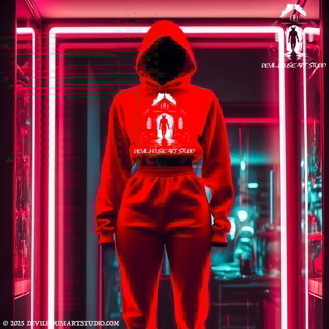 RED DEVIL HOUSE ART STUDIO - WOMENS CROP TOP HOODIE & JOGGER SET - WHITE LOGO