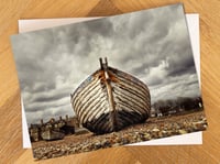 Aldeburgh Greetings Card. Two Belles fishing boat on a cloudy day in Aldeburgh