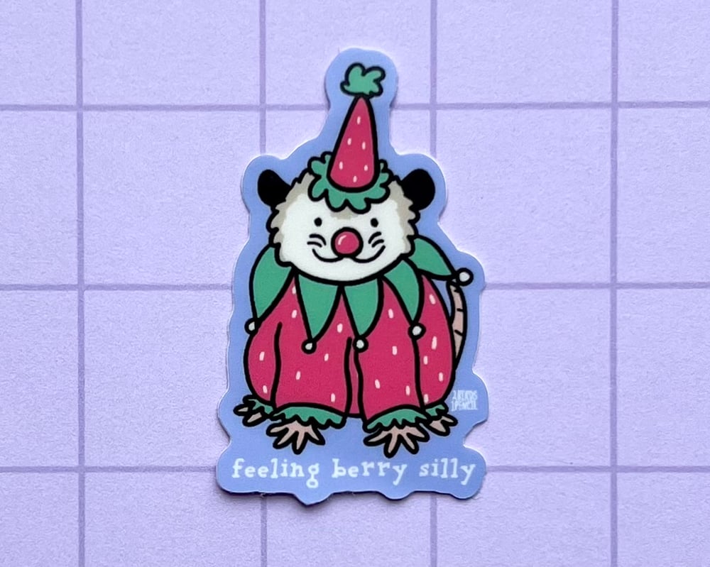 Image of Berry silly strawberry clown possum mini vinyl sticker