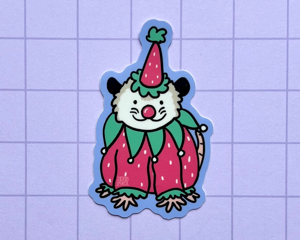 Image of Berry silly strawberry clown possum vinyl sticker