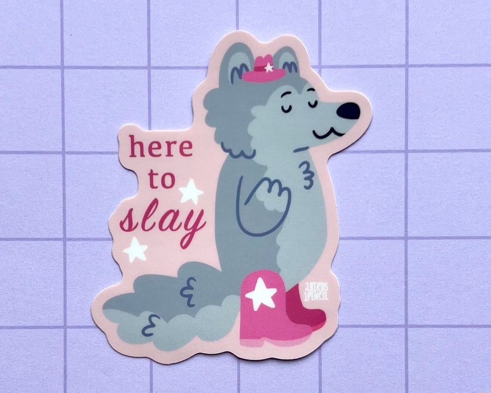 Image of Here to slay pink cowboy wolf vinyl sticker