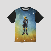Image 1 of Black Futuristic Robot with Space-Themed Design Womens Short Sleeve T-shirt