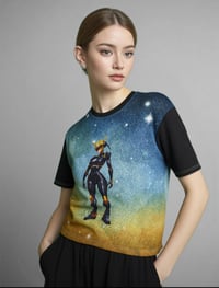 Image 2 of Black Futuristic Robot with Space-Themed Design Womens Short Sleeve T-shirt