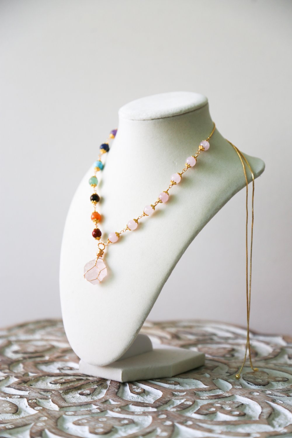 Image of Rose Quartz + Chakra adjustable necklace